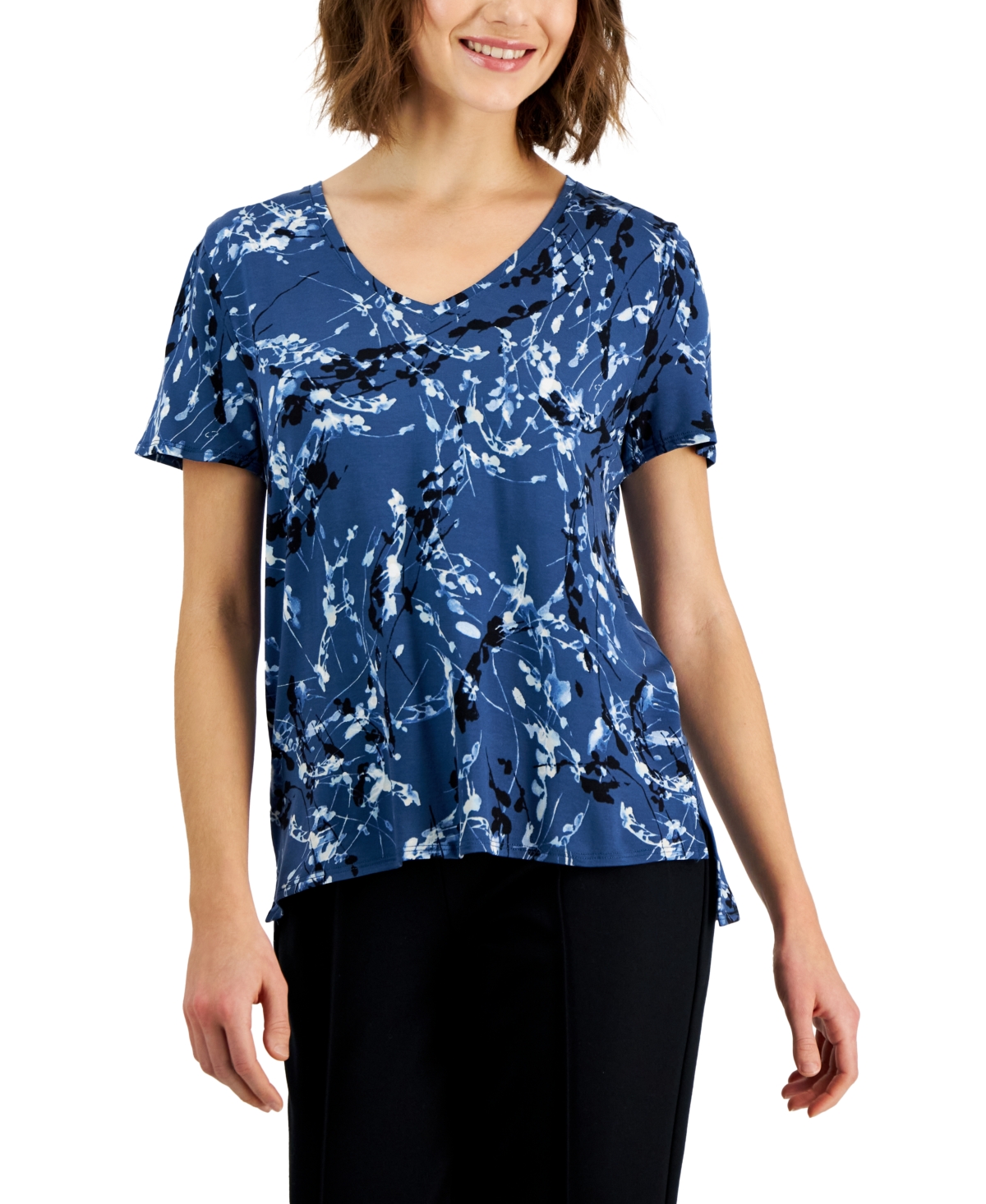 Alfani Petite Printed V-neck High-low Hem T-shirt, Creaed For Macy's In Breeze Storm Star Sea