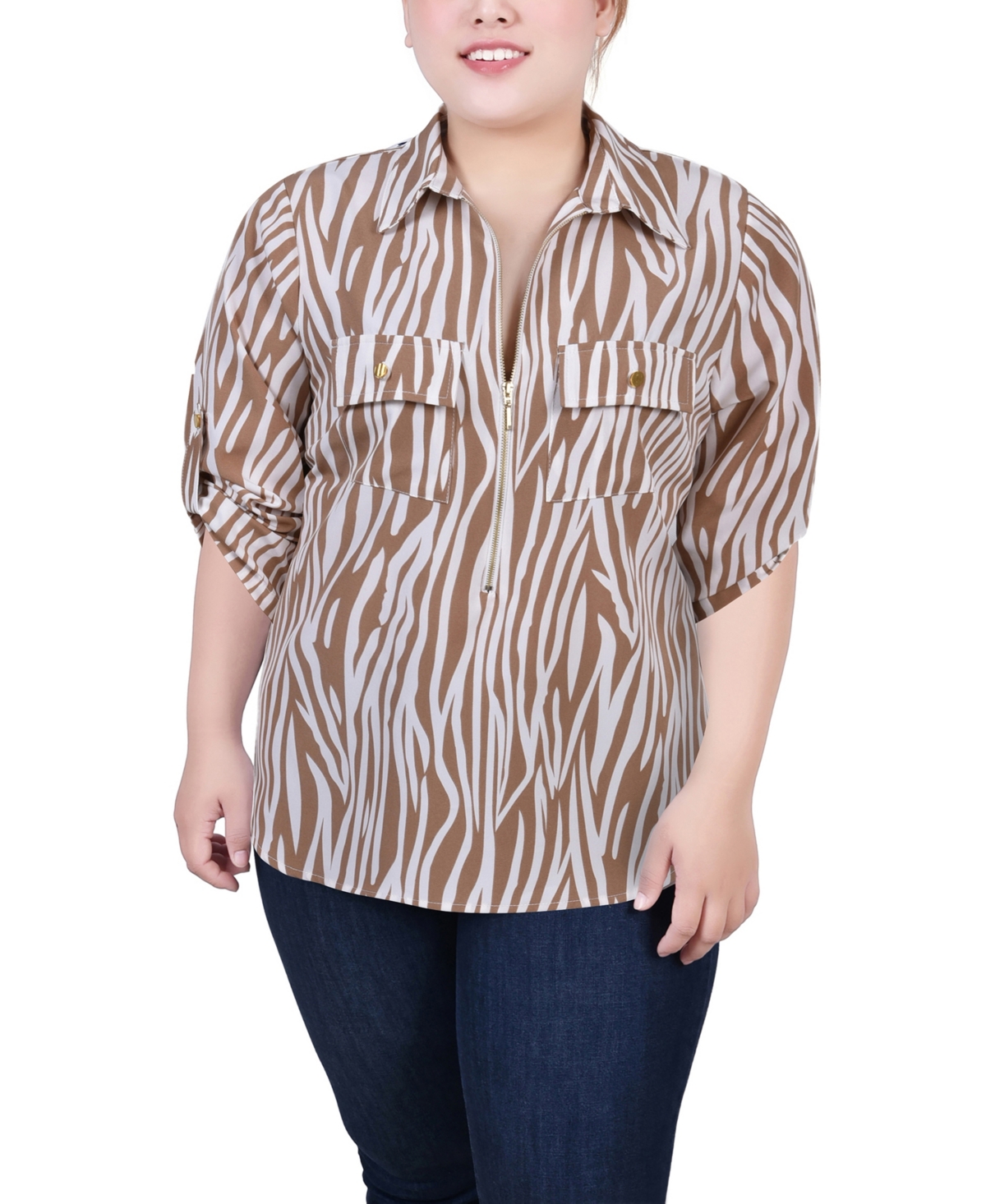 Ny Collection Plus Size Roll Tab Sleeve Zip Front Top
