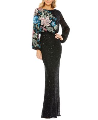 Women's High Neck Blouson Sleeve Sequin Gown