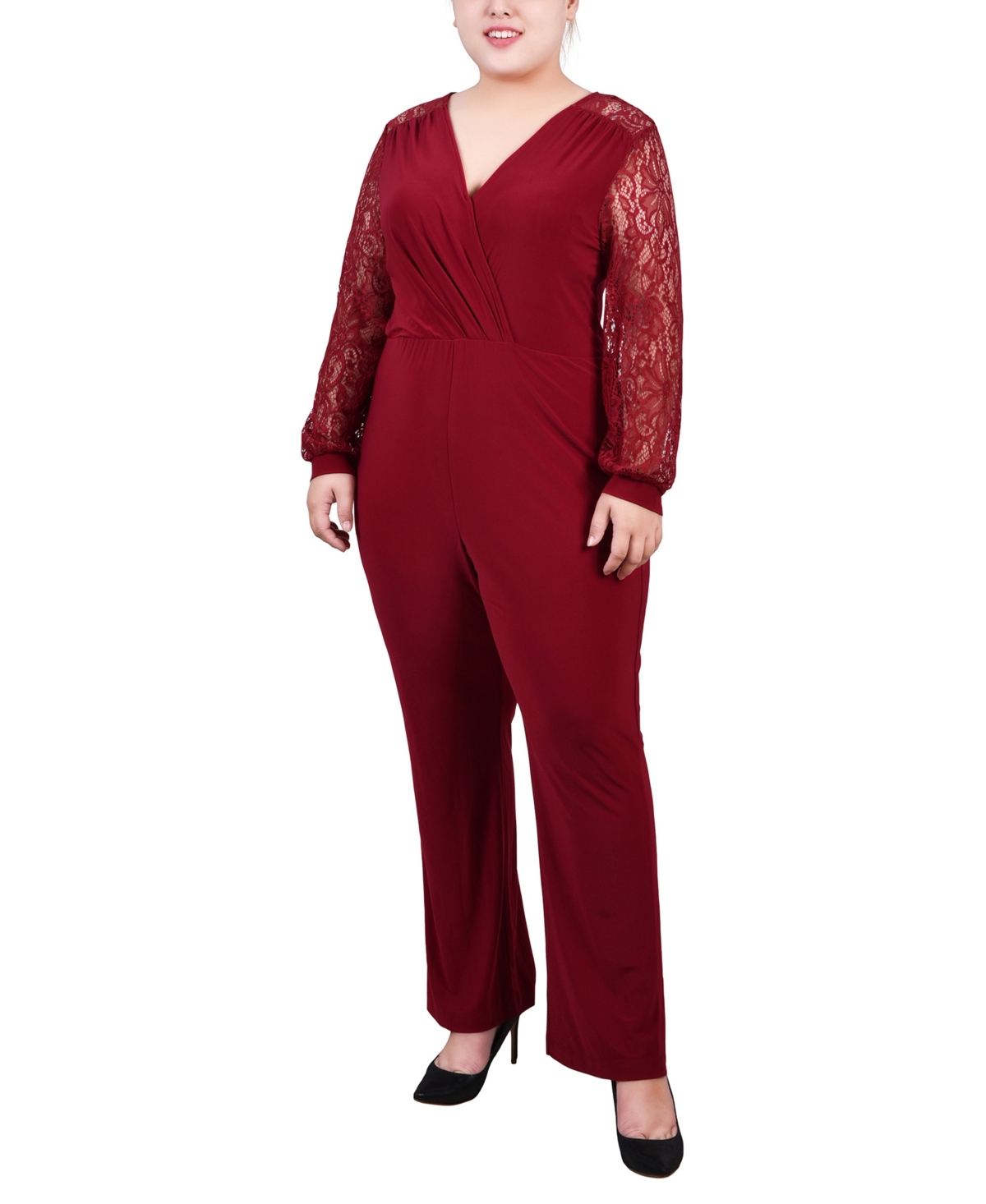 Plus Size Jumpsuit with Lace Sleeve - Wine