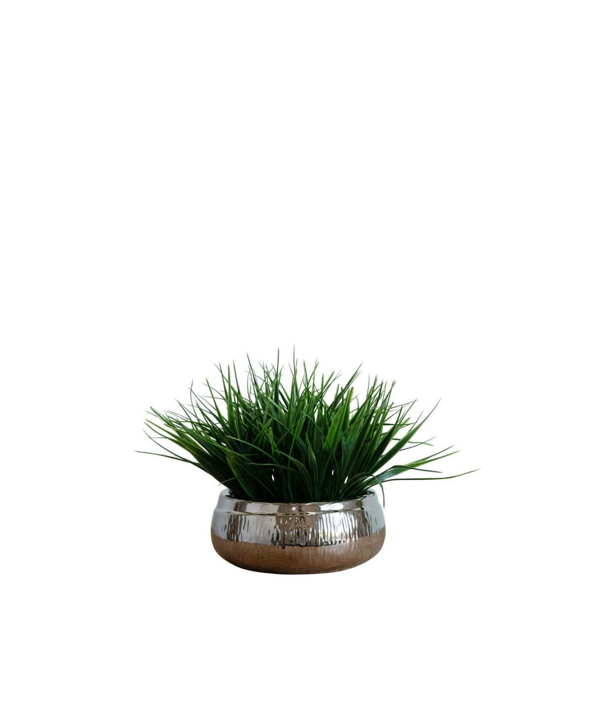 Desktop Artificial Grass Bowl in Decorative Pot, 9" - Silver-Tone