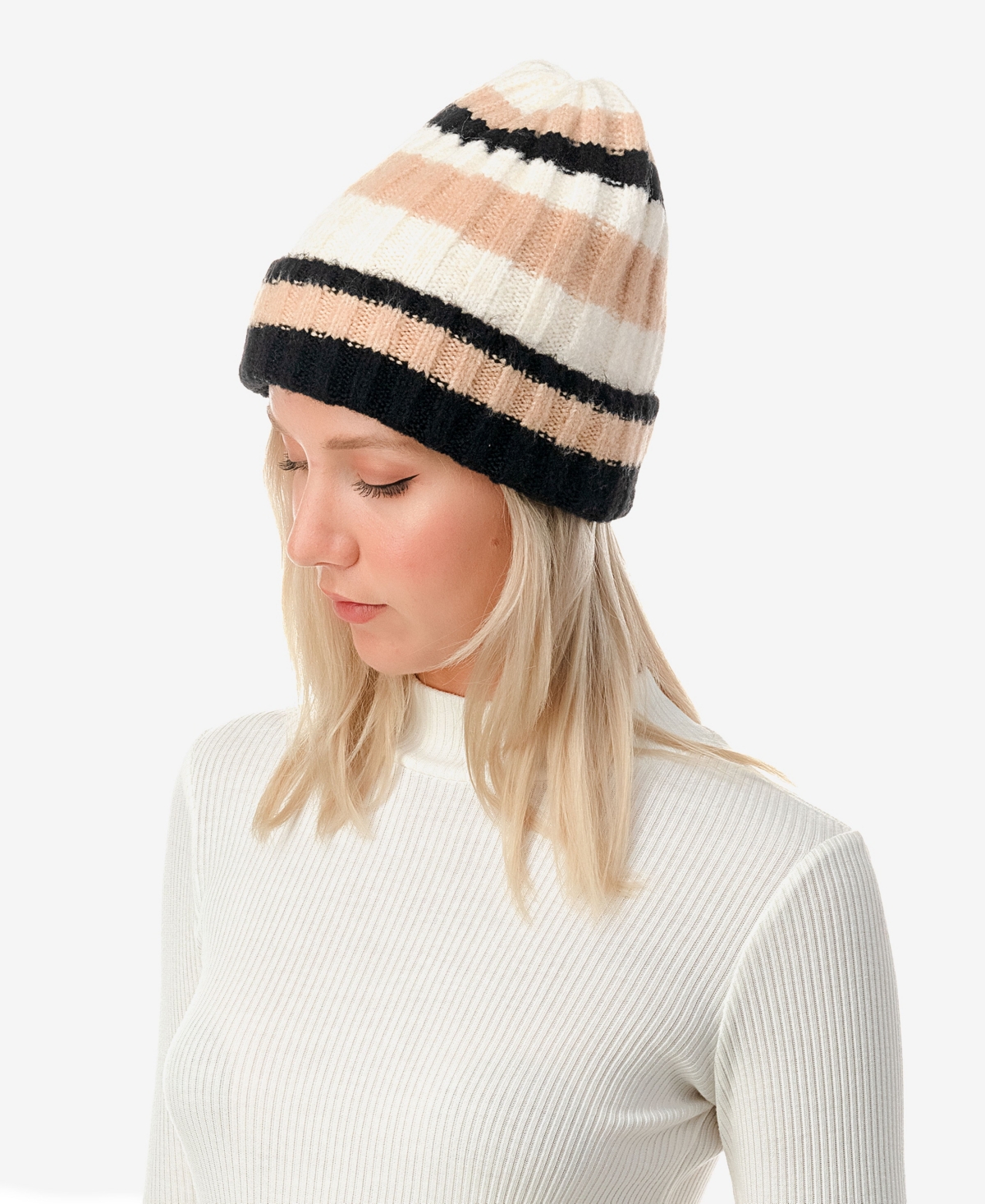 Women's Stripe Ribbed Knit Cuff Beanie - Black