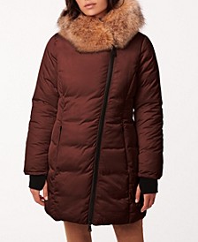 Women's Asymmetrical Zip Faux-Fur Trim Hooded Puffer Coat
