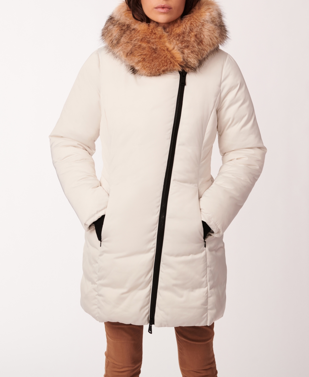 Bernardo Women's Asymmetrical Zip Faux-Fur Trim Hooded Puffer Coat