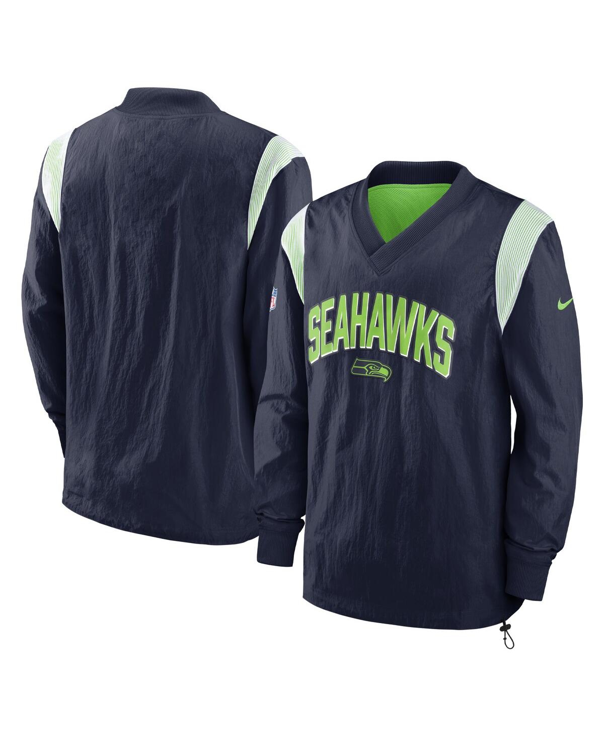 Shop Nike Men's  College Navy Seattle Seahawks Sideline Athletic Stack V-neck Pullover Windshirt Jacket