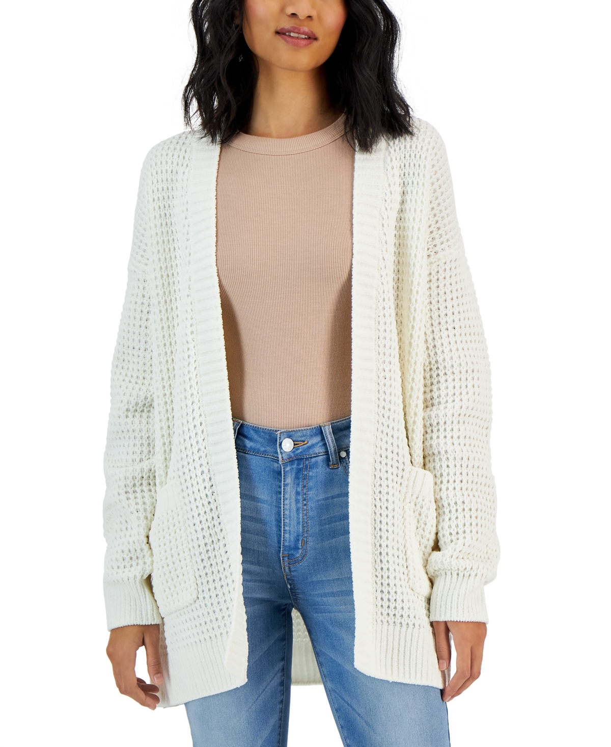 Hooked Up by Iot Juniors' Chenille Waffle-Stitch Cardigan Sweater