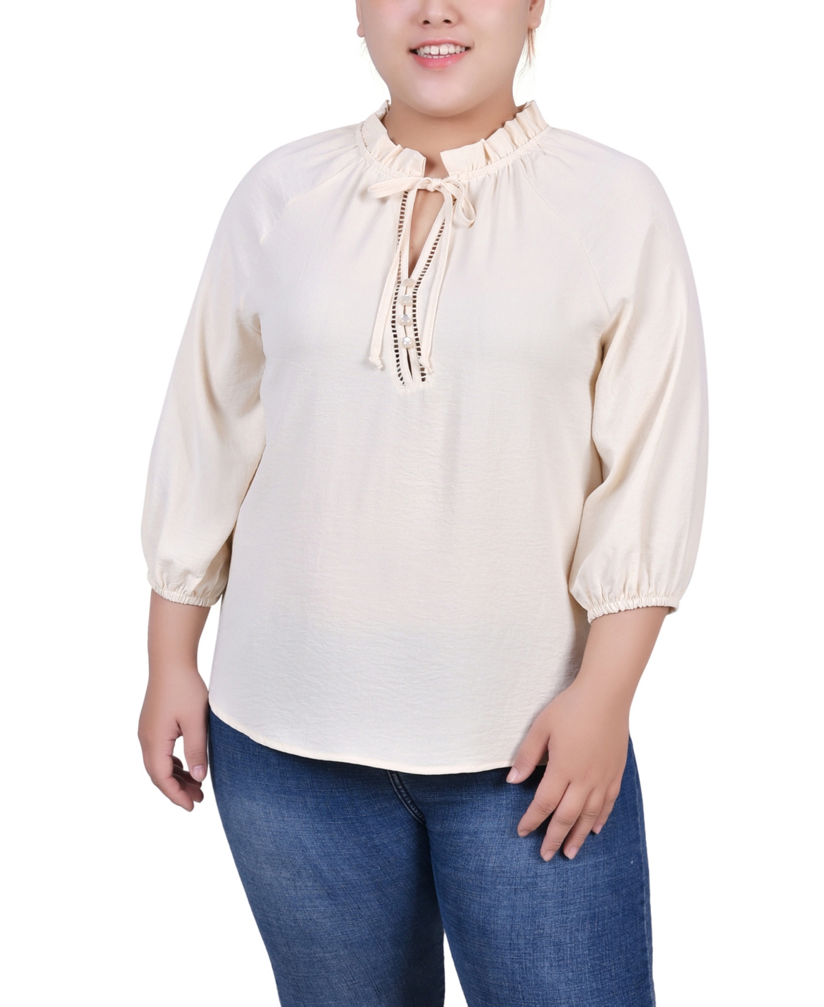 Ny Collection Plus Size 3/4 Sleeve Ruffle Neck Blouse In Pristine