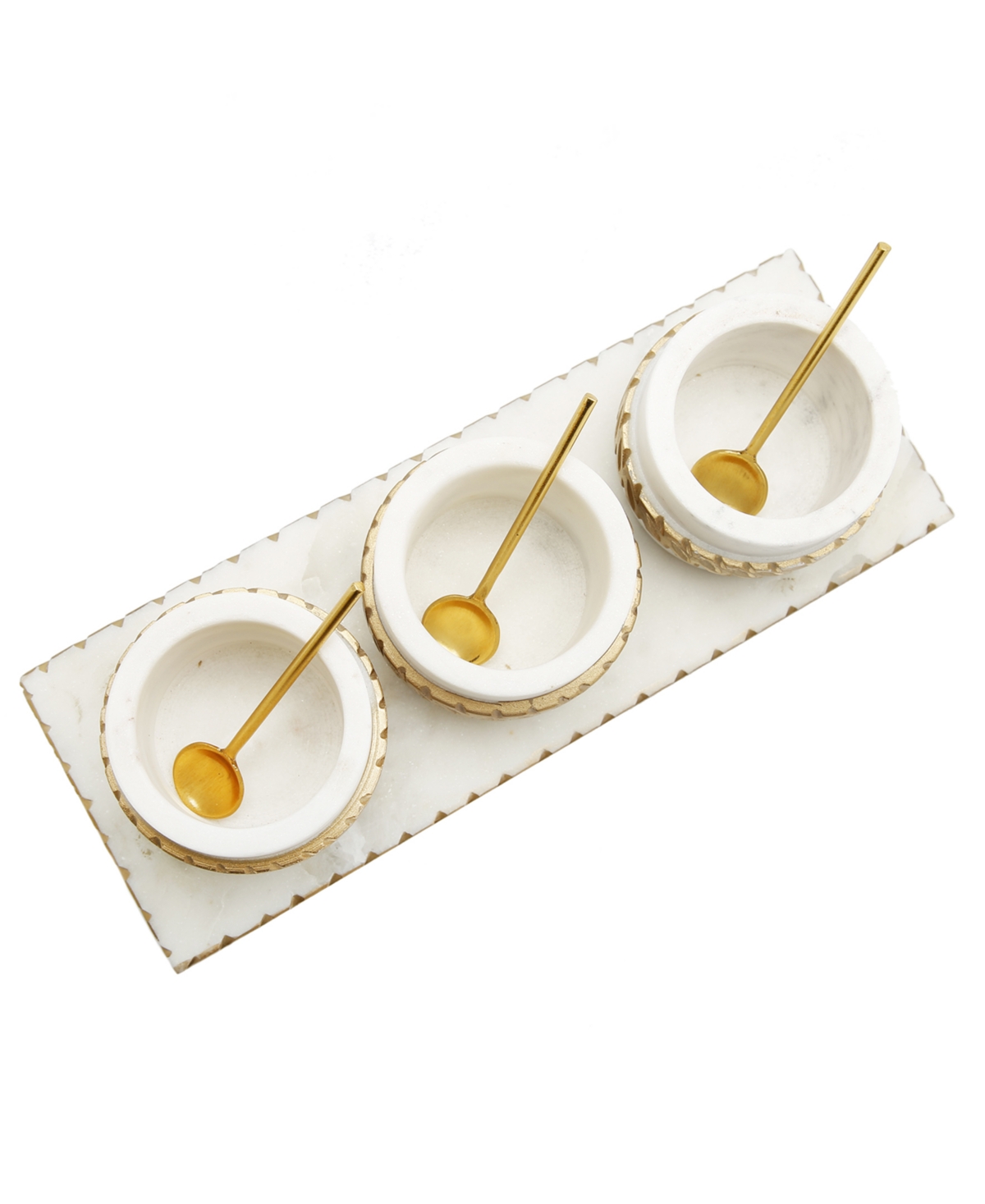 Classic Touch Bowl Relish Dish on Tray with Design and Spoons Set, 7 Piece - White and Gold-Tone