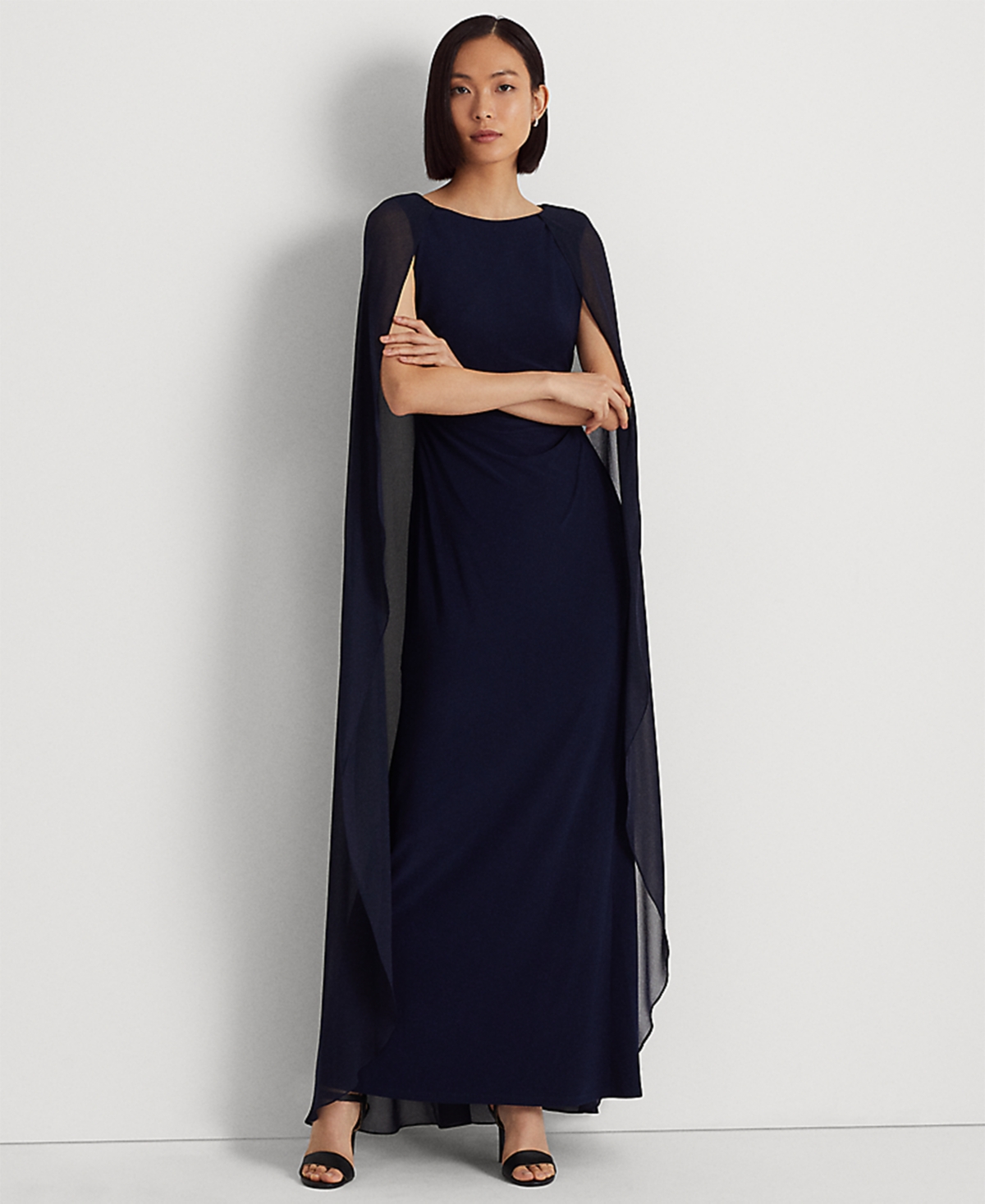 Women's Georgette-Cape Jersey Gown - Navy