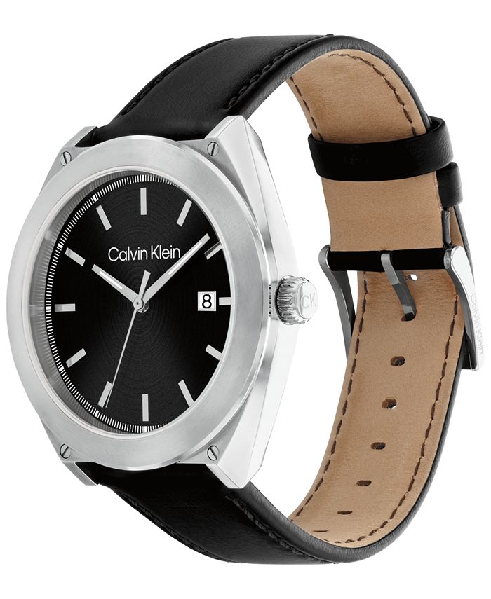Calvin Klein Men's Black Leather Strap Watch 44mm - Macy's