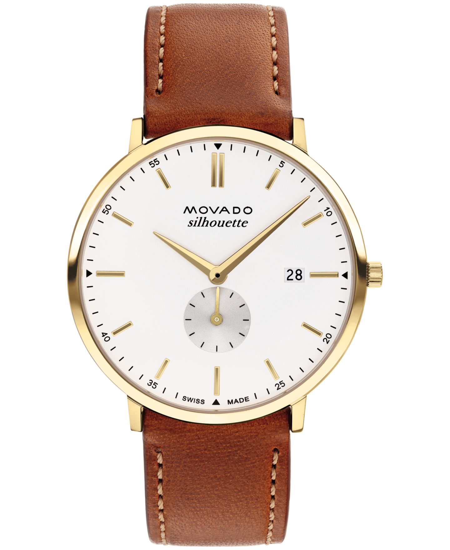 Мужские часы Movado Heritage Silhouette Swiss Quartz Cognac Genuine Leather Strap Watch 40mm — фото 1