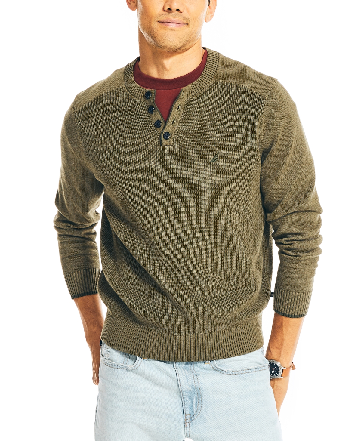 Nautica Men's Sustainably Crafted Textured Henley Sweater In Hillside Olive Heather