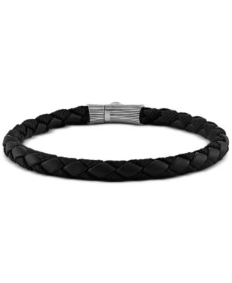 Black Leather Woven Bracelet in Sterling Silver (Also in Brown Leather & Blue Leather), Created for Macy's