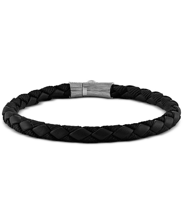 Esquire Men's Jewelry Black Leather Woven Bracelet in Sterling Silver