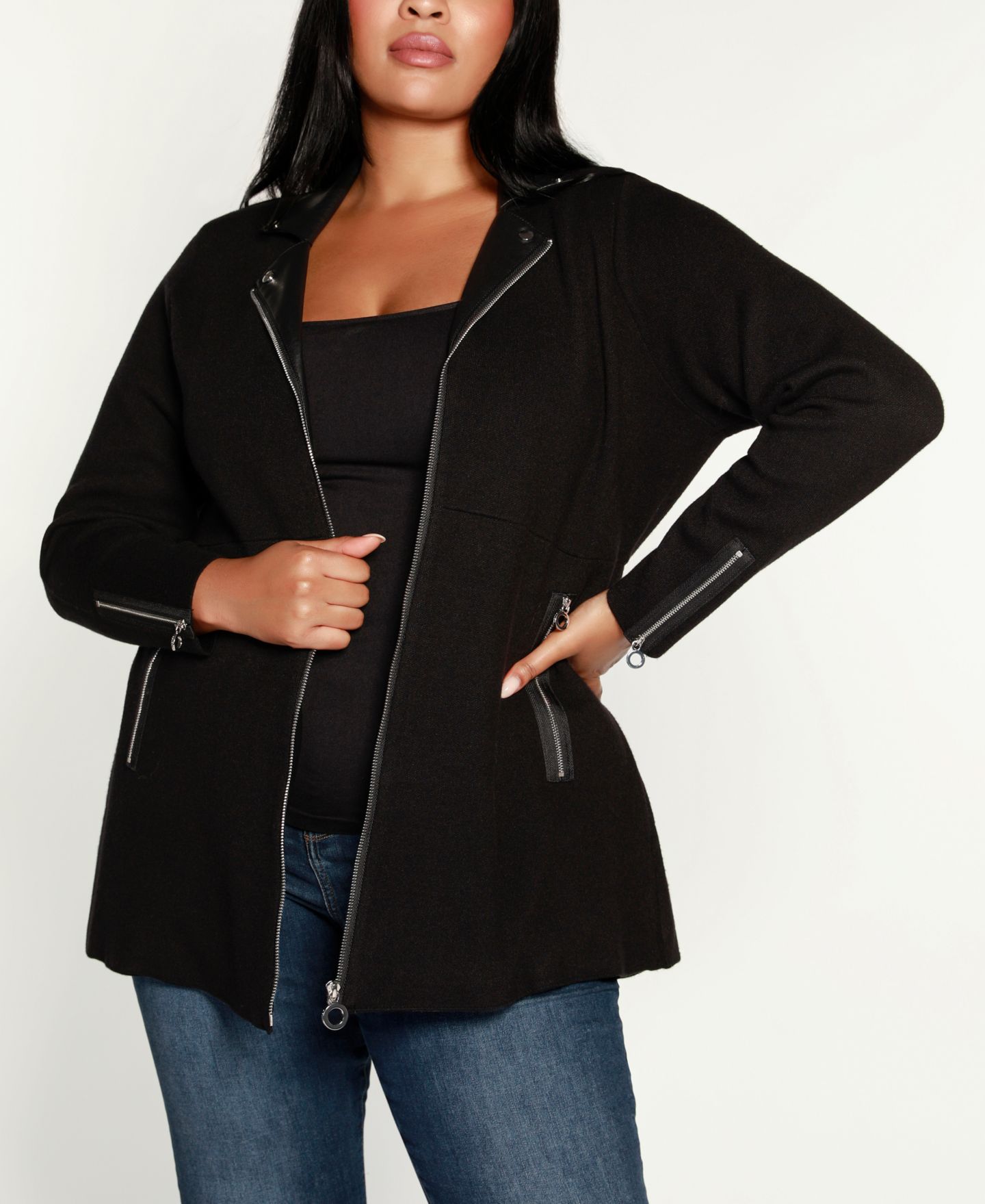 Женская куртка Belldini Plus Size Black Label Collared Sweater Jacket, цвет: Чёрный — фото 1