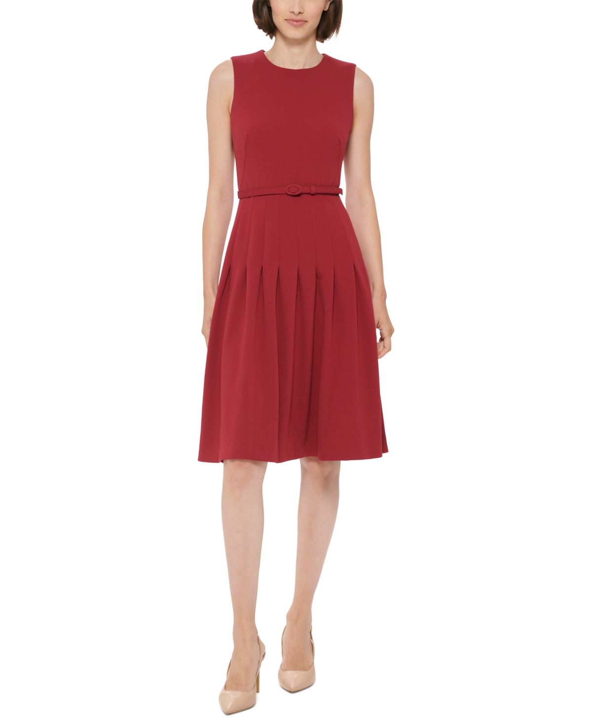 Calvin Klein Belted Sleeveless Fit & Flare Dress