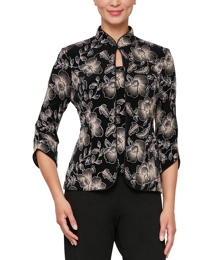 Artful Ease: The Motif-Print Satin Knee Top with Mandarin Collar 76891
