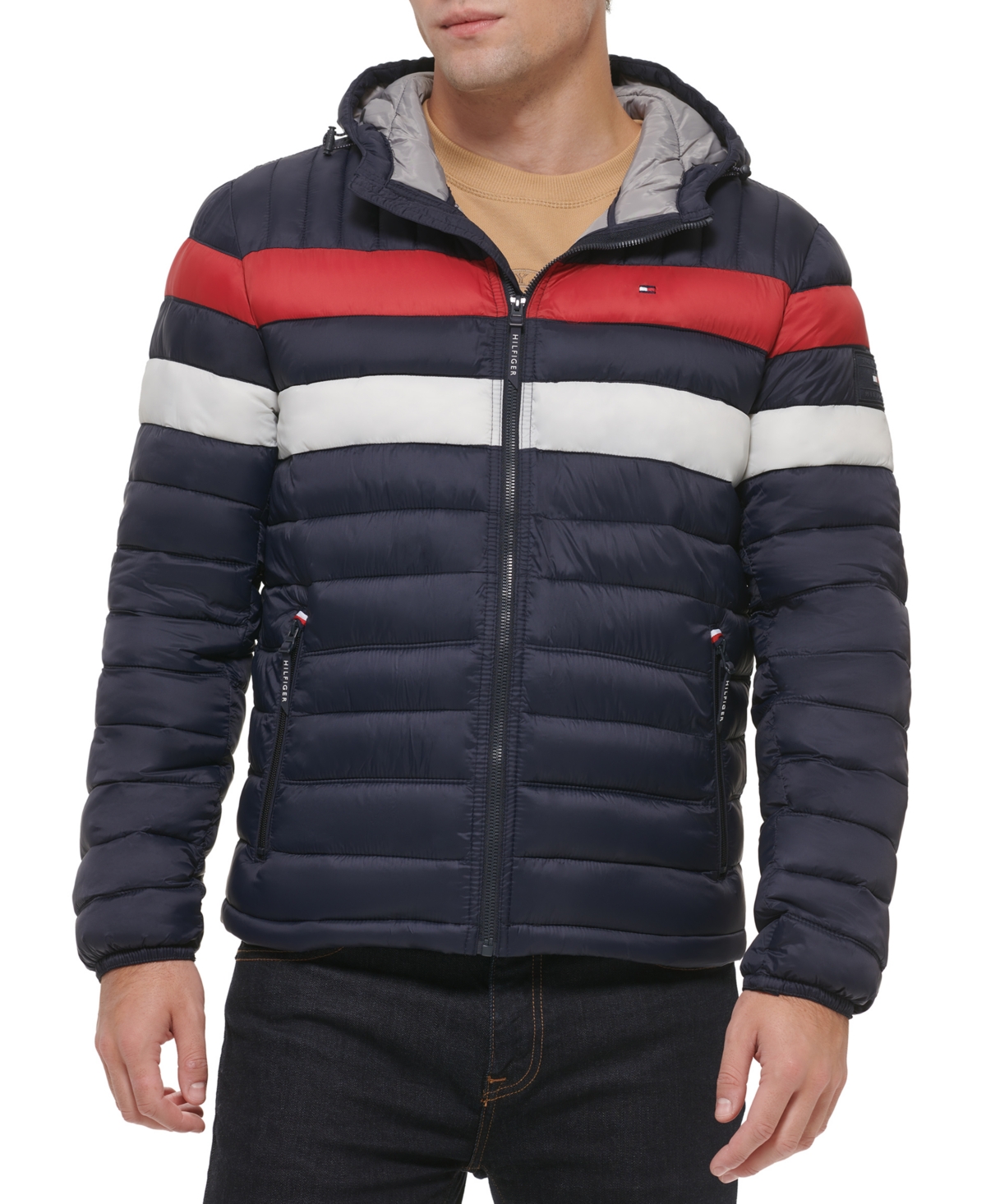 Tommy Hilfiger Men's Quilted Color Blocked Hooded Puffer Jacket In Navy Red Combo