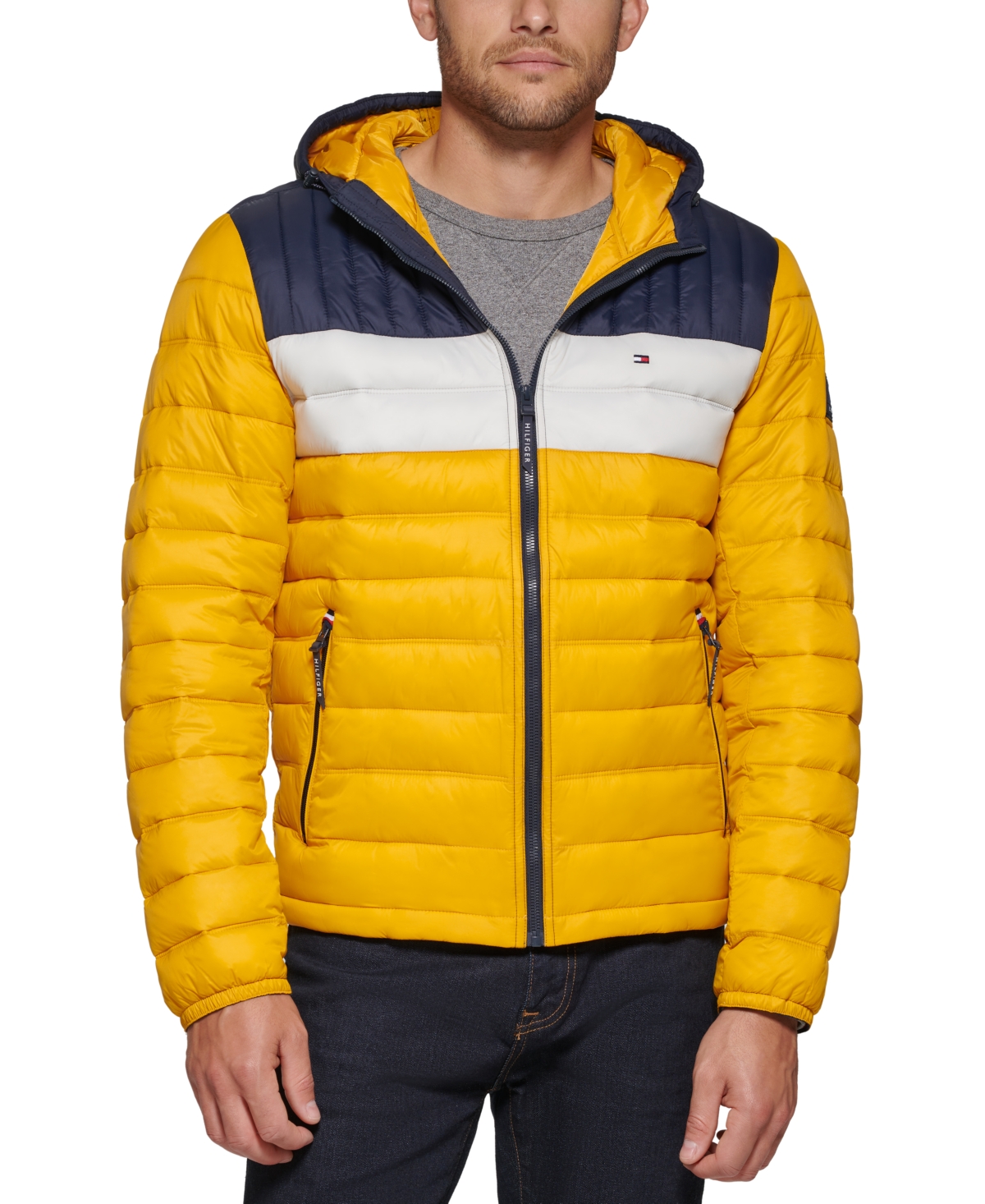 Tommy Hilfiger Men's Quilted Color Blocked Hooded Puffer Jacket In Yellow Combo