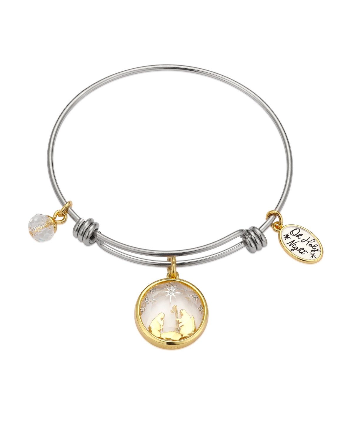 Unwritten Stainless Steel Bangle With Two Tone Gold Flash-plated Crystal "oh Holy Night" Multi Charm In Gold Flash Plated/two-tone