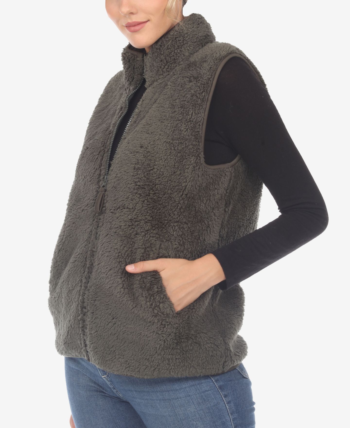Женский жилет White Mark Zip Up Sherpa Vest, цвет: Армейский зелёный — фото 4
