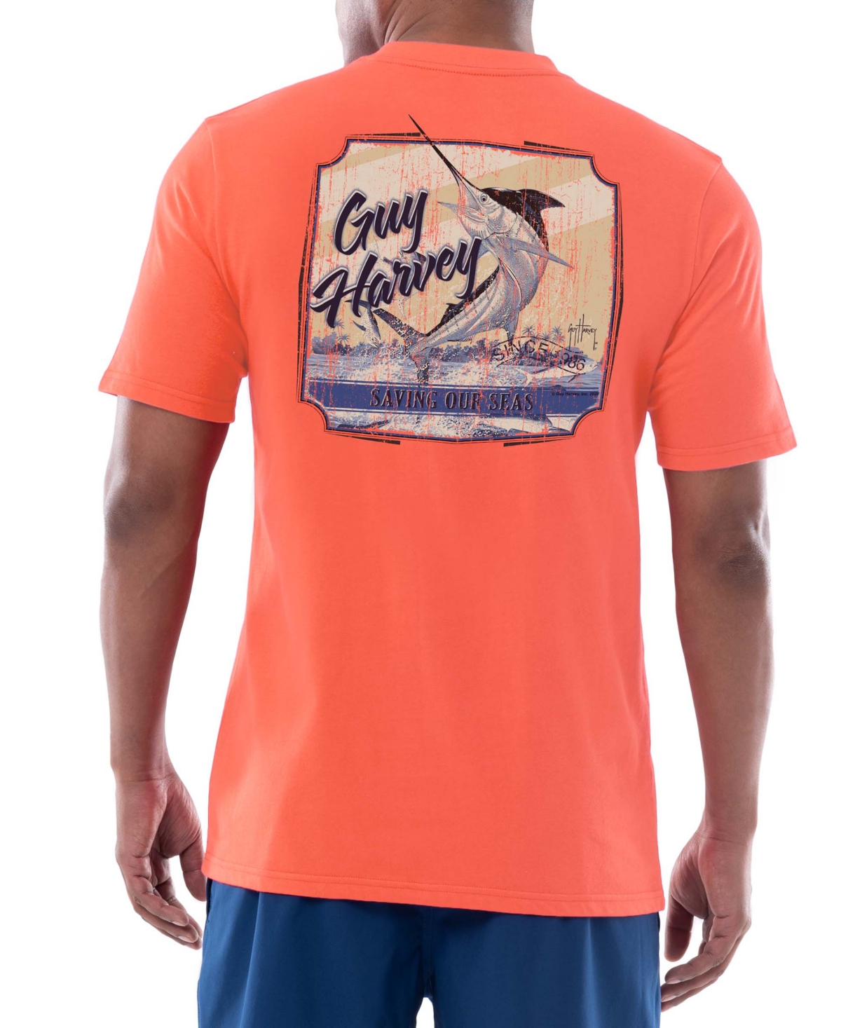 Guy Harvey Men's Short Sleeve Crewneck Graphic Pocket T-shirt In Living Coral