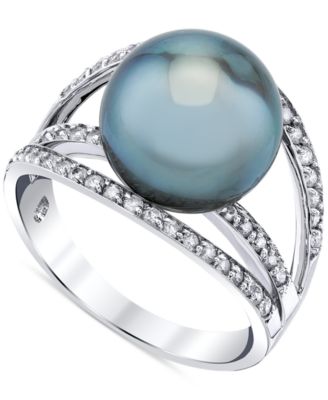 Macy's - Cultured Tahitian Pearl (11mm) & Diamond (1/2 ct. t.w.) Openwork Statement Ring in 14k White Gold