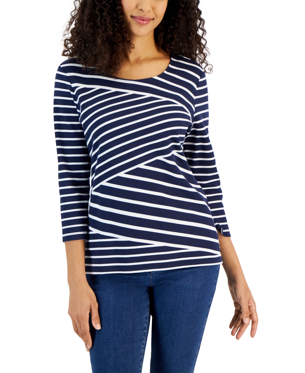 Women's Callie Asymmetrical-Stripe 3/4-Sleeve Top, Created for Macy's - Intrepid Navy
