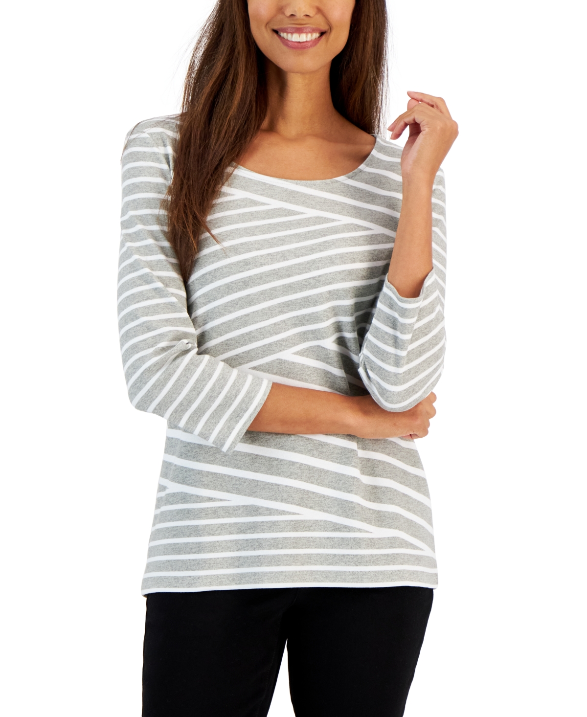 Women's Callie Asymmetrical-Stripe 3/4-Sleeve Top, Created for Macy's - Smoke Grey Heather