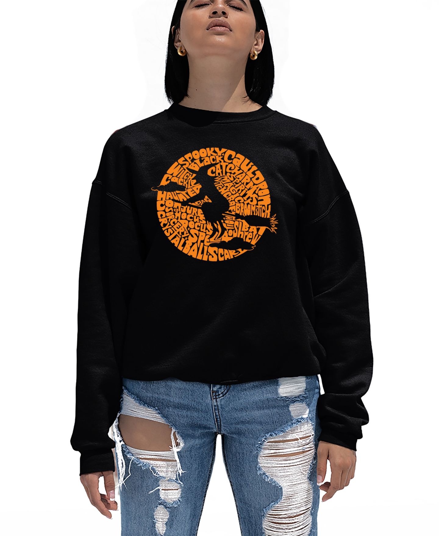 Женские толстовки LA Pop Art Spooky Witch Word Art Crew Neck, цвет: Чёрный — фото 1