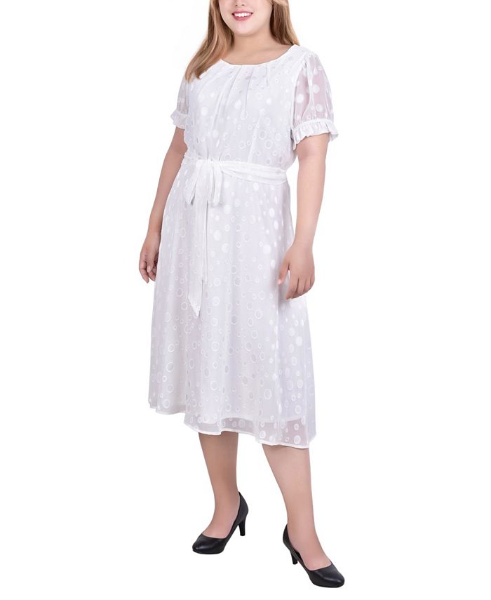 NY Collection Plus Size Short Sleeve Belted Swiss Dot Dress - Macy's