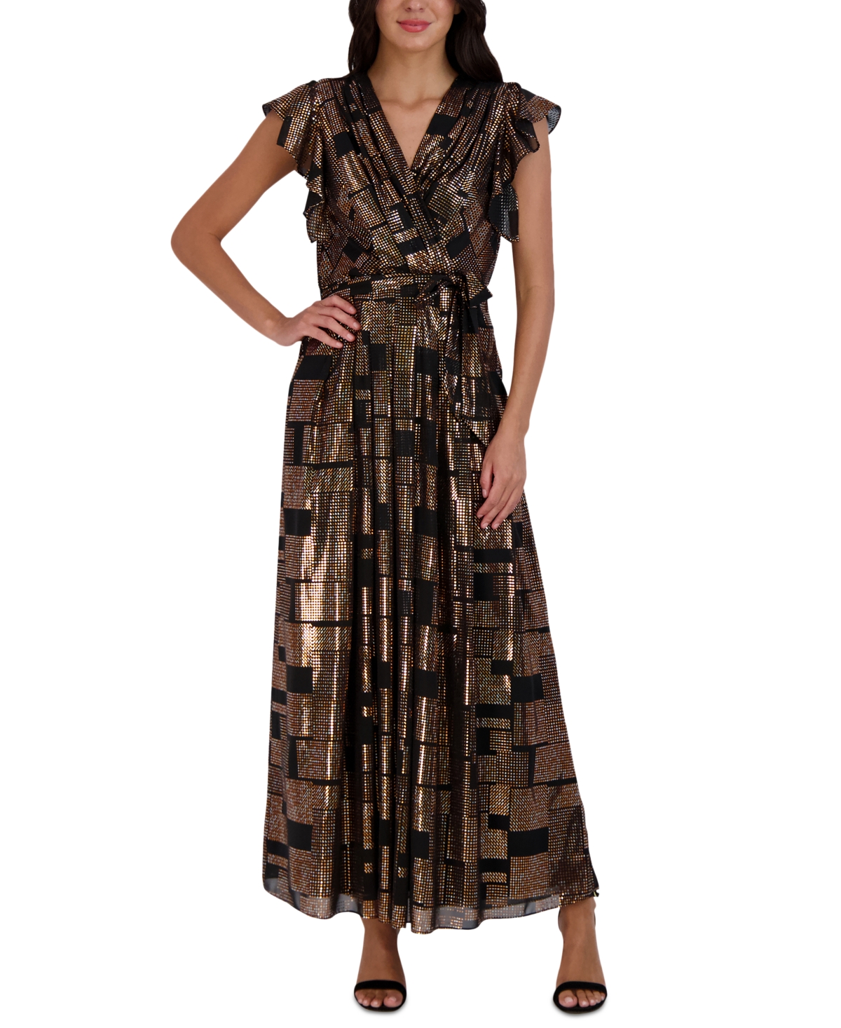 Donna Ricco Women's Metallic Flutter-Sleeve Maxi Dress
