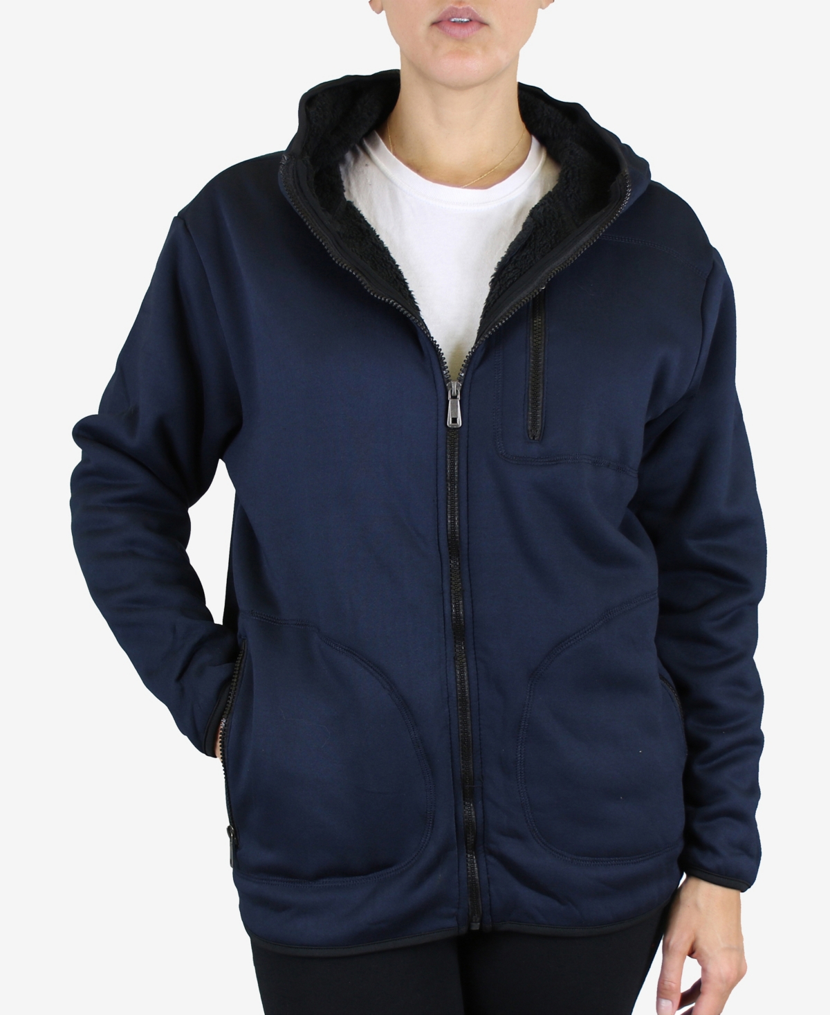 Women's Loose Fit Oversize Full Zip Sherpa Lined Hoodie Fleece - Navy
