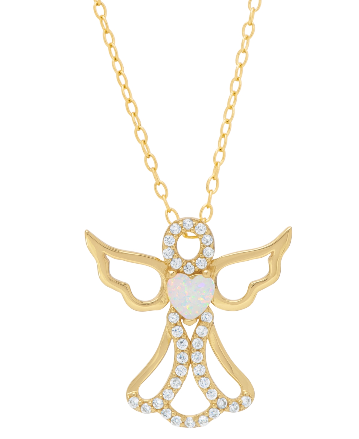 Macy's Lab-grown Opal (1/6 Ct. T.w.) & Cubic Zirconia Heart Angel 18" Pendant Necklace In 14k Gold-plated S In Gold