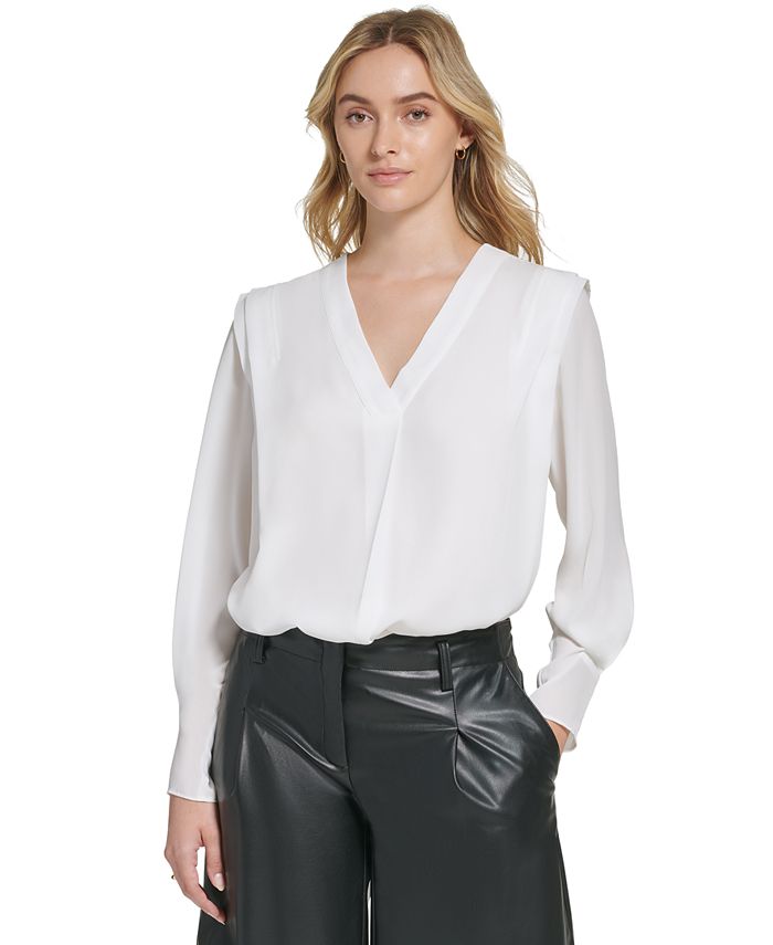 Calvin Klein Women's X-Fit Long Sleeve V-Neck Blouse & Reviews - Tops -  Women - Macy's