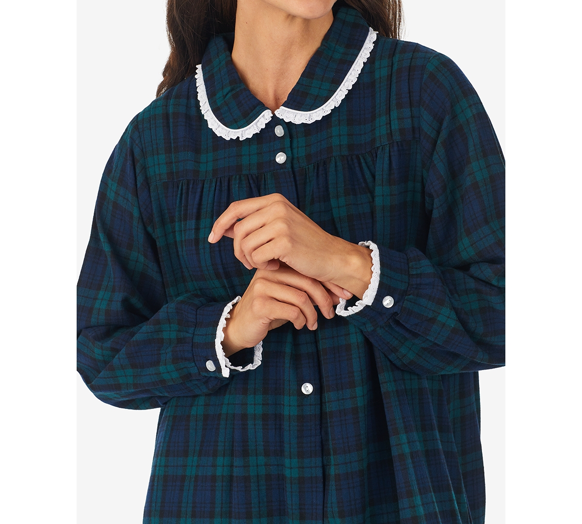 Lanz of Salzburg Cotton Lace-Trim Flannel Nightgown -Green