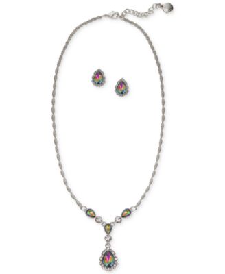 Charter Club - Silver-Tone Pav&eacute; & Pear-Shape Crystal Lariat Necklace & Stud Earrings Set