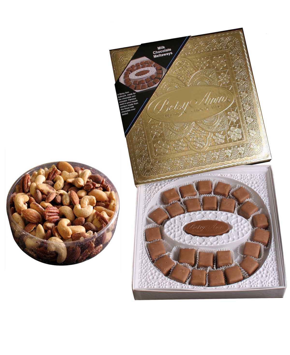 Betsy Ann Chocolates 12oz Fancy Milk Chocolate Meltaways, & 10oz Deluxe Mixed Nuts Gift Bundle, Approximately 112 Pieces