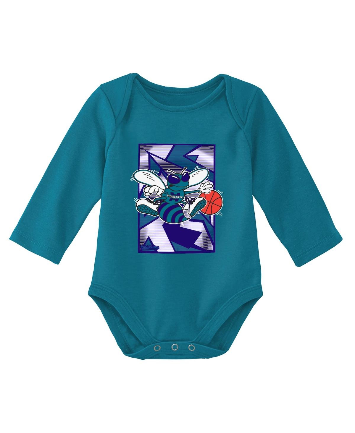 Newborn and Infant Boys and Girls Mitchell & Ness Teal Charlotte Hornets 3-Piece Hardwood Classics Bodysuits and Cuffed Knit Hat Set - Purple