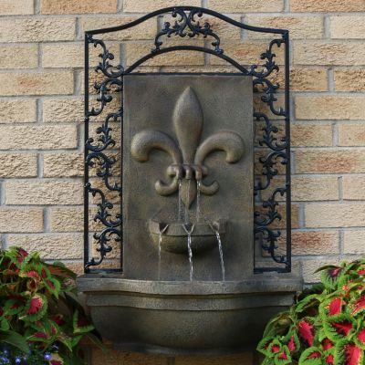 French Lily 33-Inch Solar Outdoor Wall Water Fountain with Battery Backup, Pump and Panel - Florentine Stone