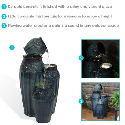 Tour de Vase Ceramic 27-Inch Outdoor Water Fountain - LED Lights - Electric Submersible Pump with Adjustable Flow