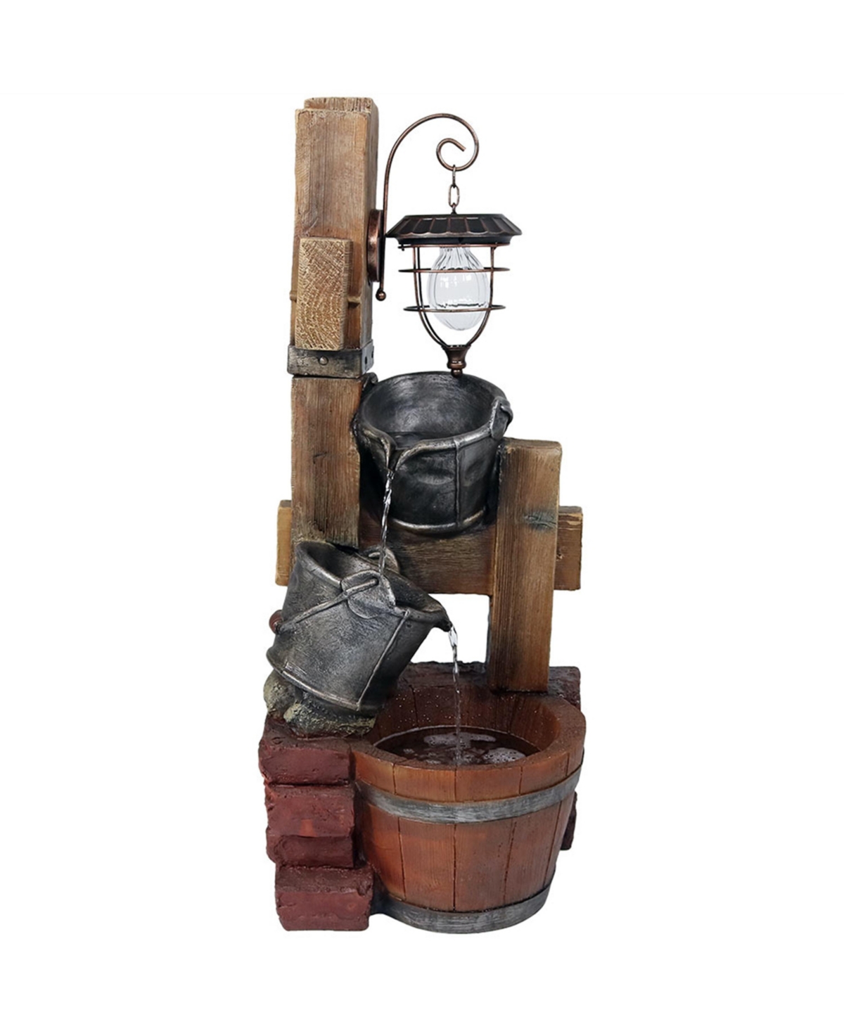 Rustic Pouring Buckets Water Fountain and Solar Lantern - 34 in - Brown