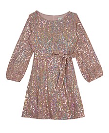 Big Girls Sequin Knit Long Sleeve Dress with Sash
