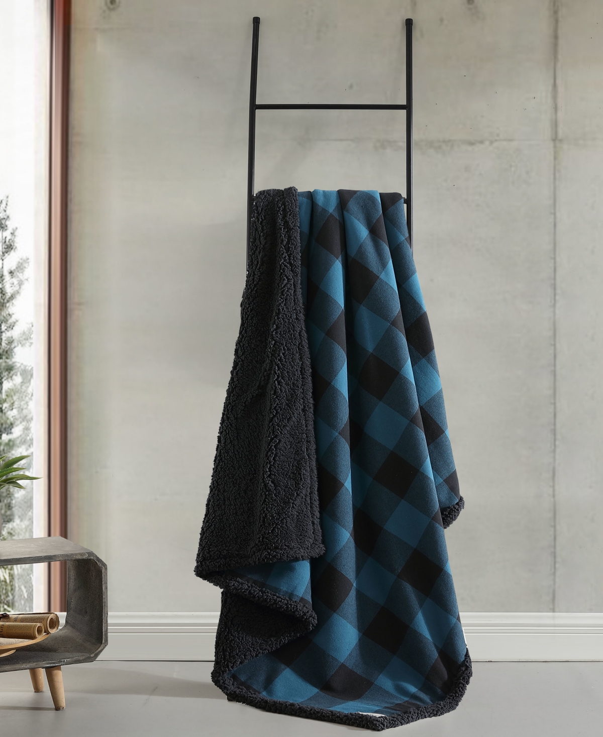 Eddie Bauer Plaid Cotton Yarn Dye Flannel Faux Shearling Reverse Throw, 60" X 50"