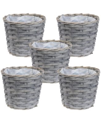 5-Piece Wicker Planter Basket Set - Indoor Use Only - Plastic Lined Flower Pots - Gray Poplar Construction with Steel Wire Frame - 6.75-Inch Diameter