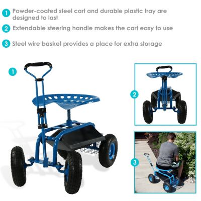 Garden Cart Rolling Scooter with Extendable Steering Handle - Swivel Seat and Utility Basket - Blue
