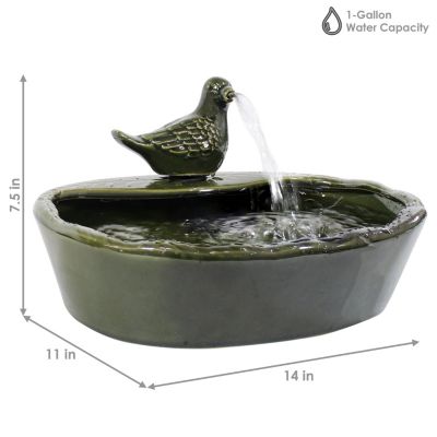 Outdoor Solar Powered Glazed Ceramic Dove Water Fountain with Submersible Pump and Filter - 7" - Green