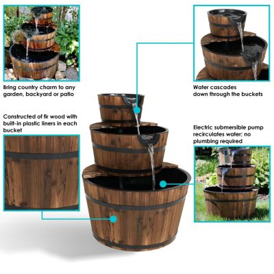 30-Inch 3-Tier Wood Barrel Outdoor Water Fountain - Electric Submersible Pump