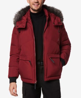 Men's Down Bomber with Faux Fur Trim and Removable Hood