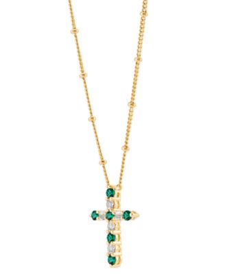 Lab-Grown Emerald (1/4 ct. t.w.) & Lab-Grown White Sapphire (1/3 ct. t.w.) Cross Pendant Necklace in 14k Gold-Plated Sterling Silver, 16" + 2" extender